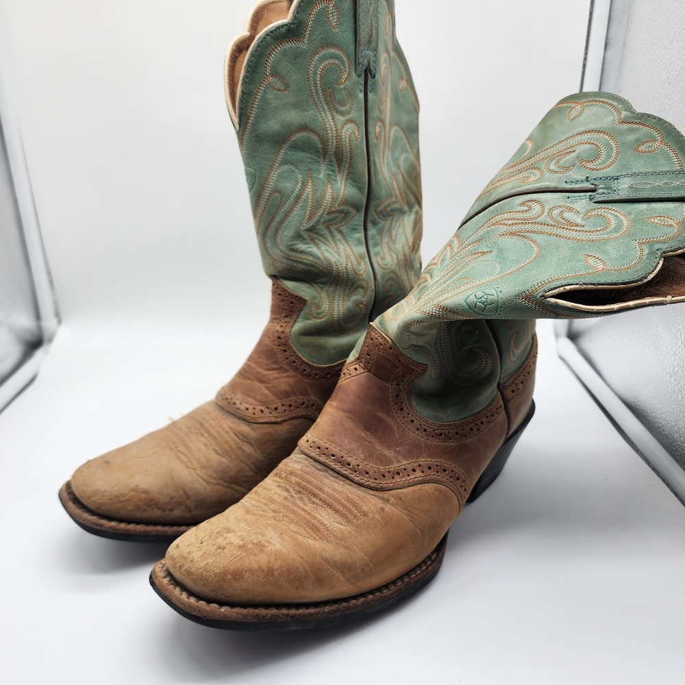 Ariat Legend Western Cowboy Boots Women 8.5B Brown Mint Green Leather Square Toe